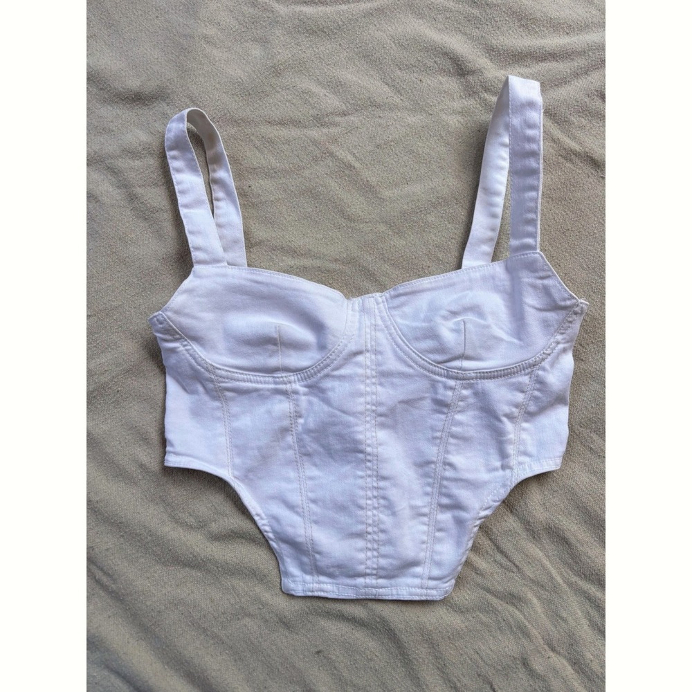 Zara White Denim Corset‎ Top Bustier Cropped Zipper Back Medium